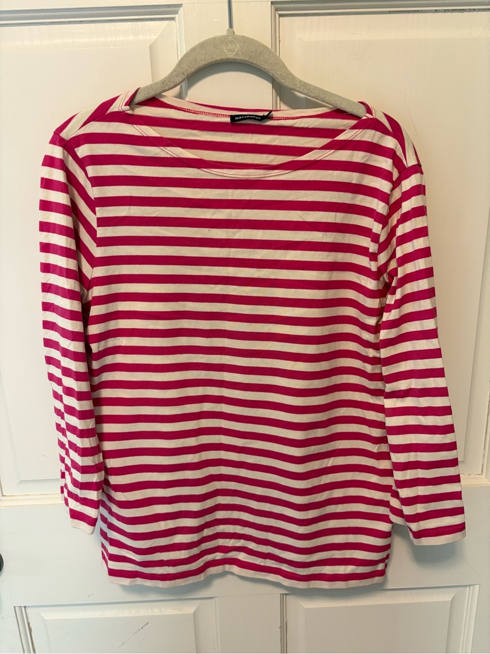 Marimekko white pink Breton striped cotton knit boatneck shirt top tee l large